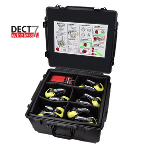 Sonetics 10-user system case open with ten Apex headsets and a ComHub