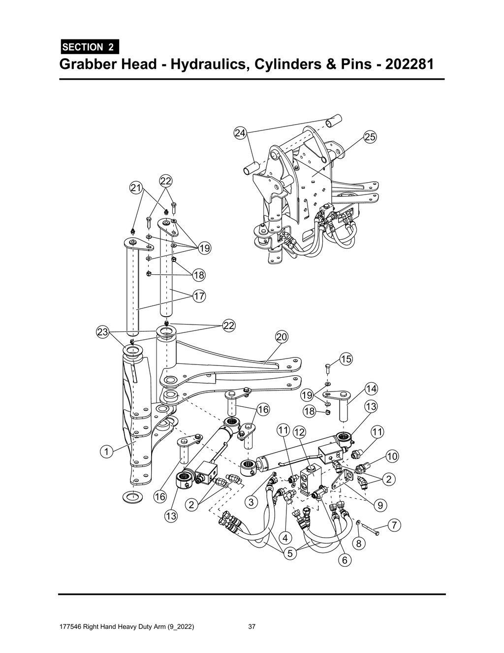 Section 2 - Grabber Head - Hydraulics, Cylinders & Pins - 202281 - Heavy Duty RH Arm