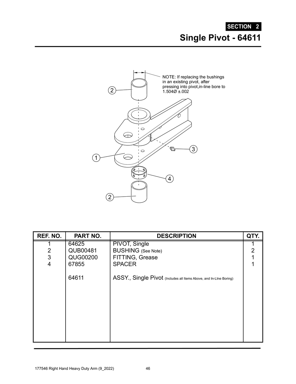 Section 2 - Single Pivot - 64611 - Heavy Duty RH Arm