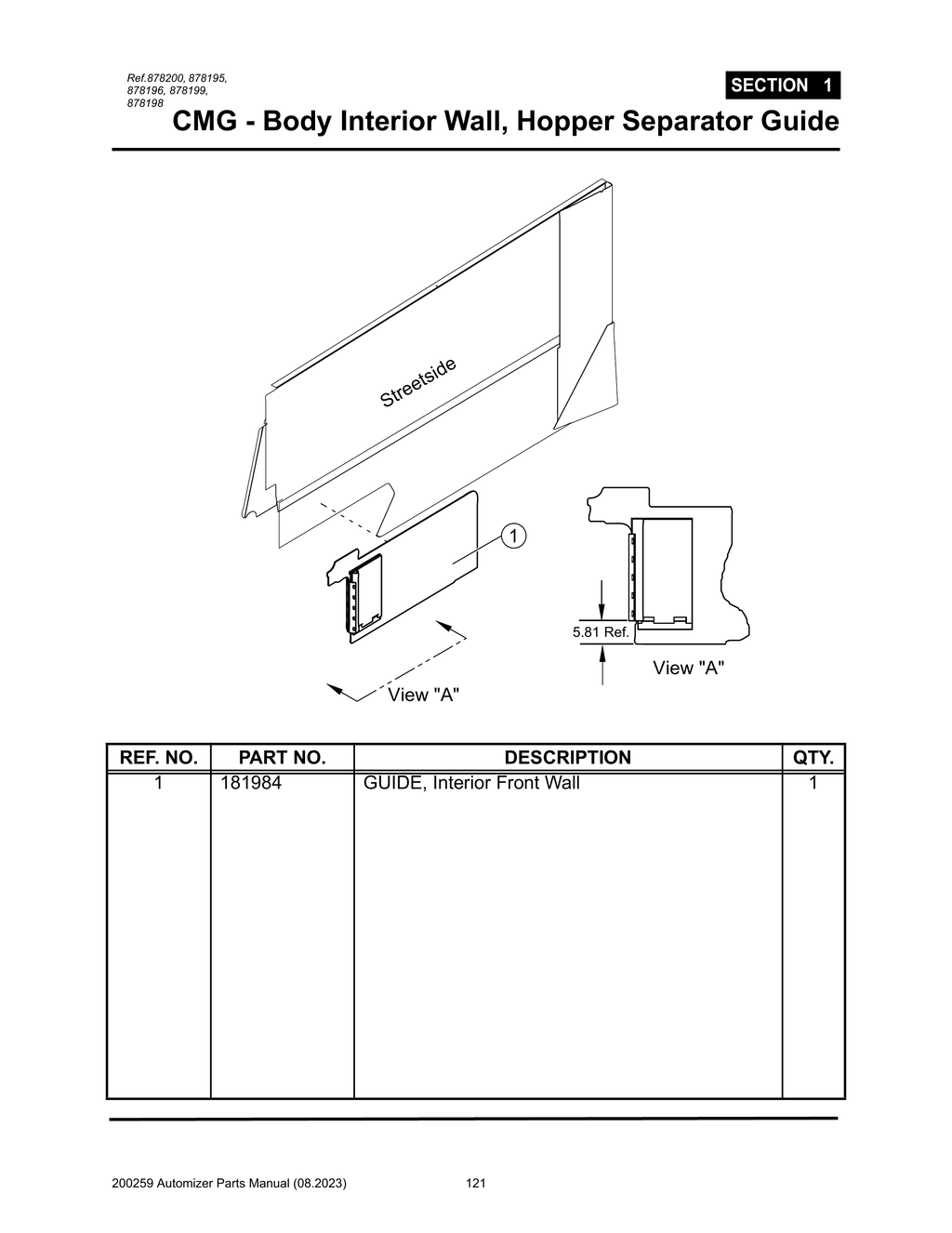 Automizer - PG 121 - Section 1 - CMG - Body Interior Wall, Hopper Separator Guide 181984