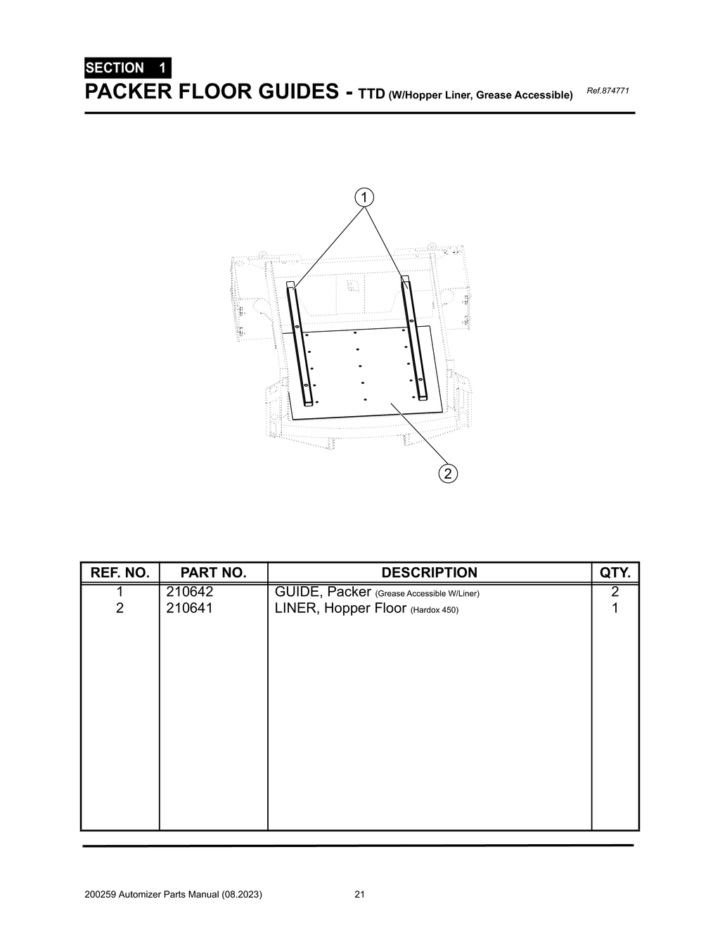 Automizer - PG 021 - Section 1 - PACKER FLOOR GUIDES - TTD (W/Hopper Liner, Grease Accessible)