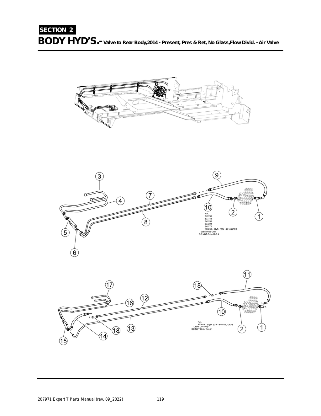EXPERT - PG 119 - Section 2 - BODY HYD’S.- Valve to Rear Body,2014 - Present, Pres & Ret, No Glass,Flow Divid. - Air Valve