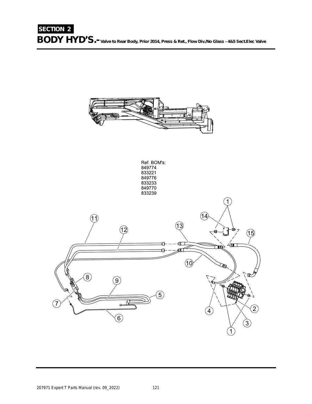 EXPERT - PG 121 - Section 2 - BODY HYD’S.- Valve to Rear Body, Prior 2014, Press & Ret., Flow Div./No Glass - 4&5 Sect.Elec Valve