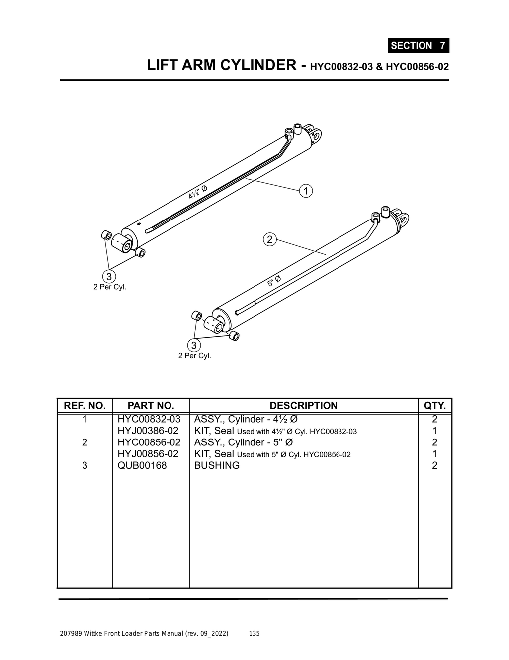 Wittke - All Models - PG 135 - Section 7 - LIFT ARM CYLINDER - HYC00832-03 & HYC00856-02