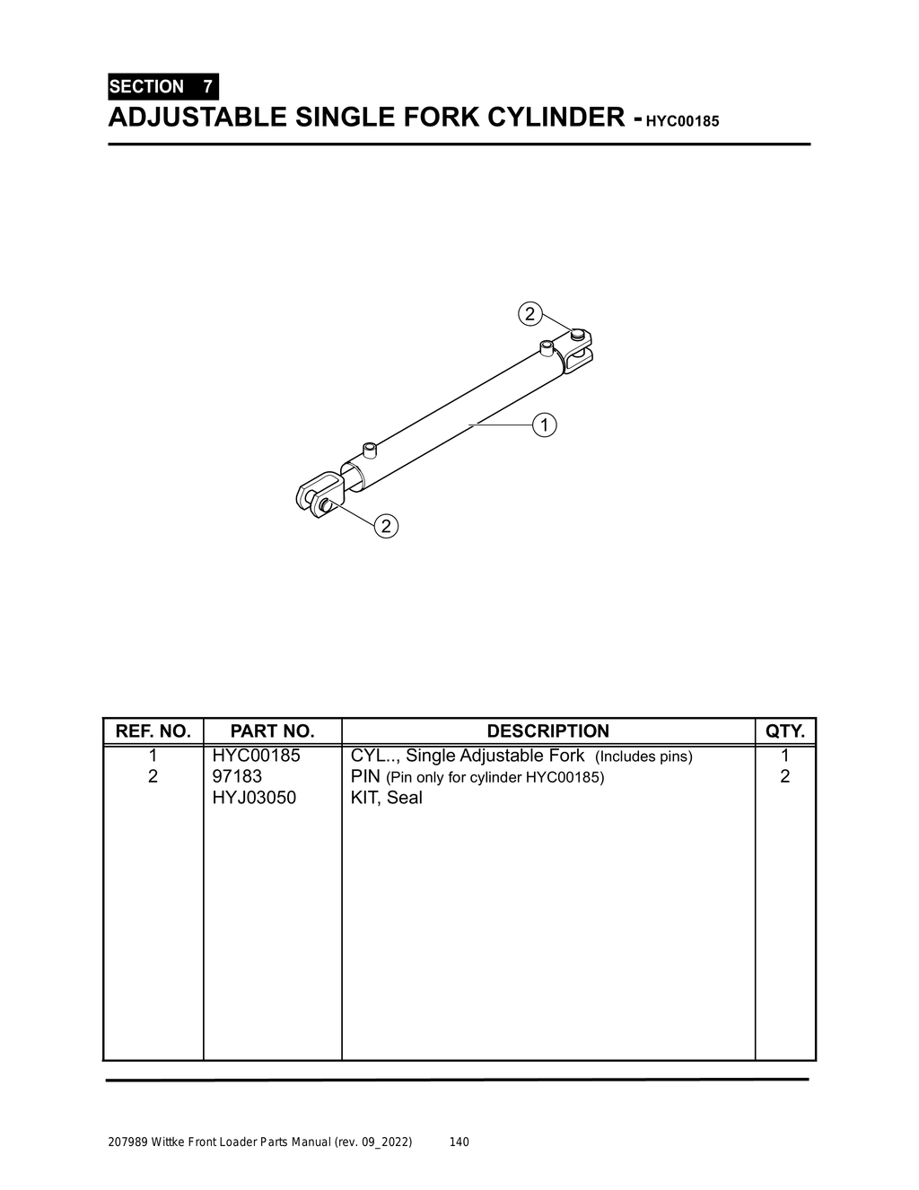 Wittke - All Models - PG 140 - Section 7 - ADJUSTABLE SINGLE FORK CYLINDER - HYC00185