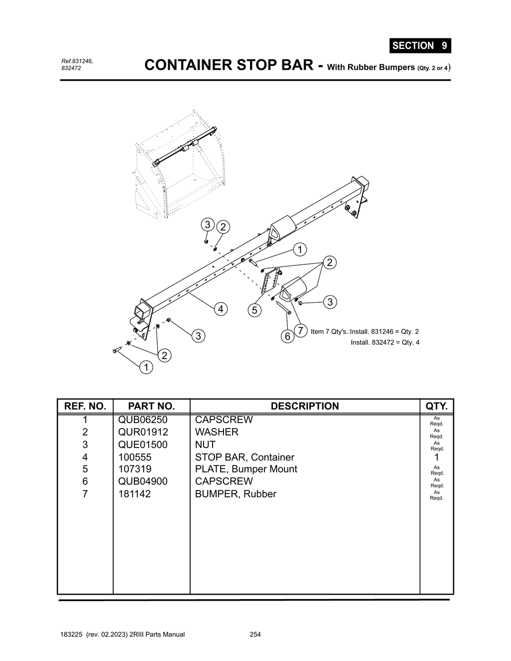 2R-III - PG 254 - SECTION 9 - CONTAINER STOP BAR - With Rubber Bumpers (Qty. 2 or 4)