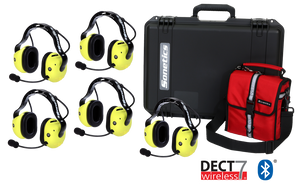 Sonetics 5-user portable wireless system with Apex headsets, ComHub and charging case