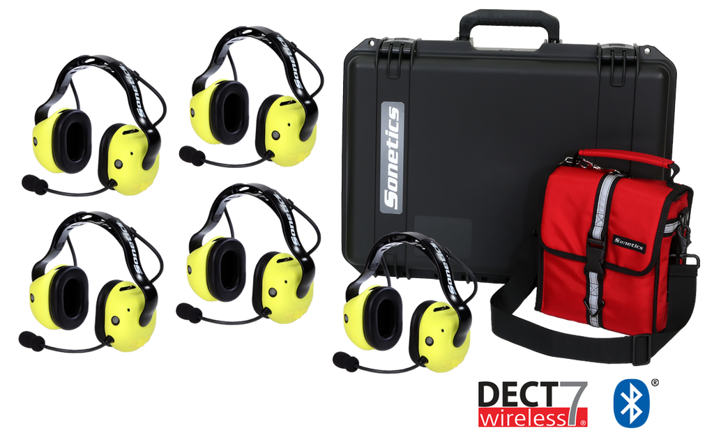 Sonetics 5-user portable wireless system with Apex headsets, ComHub and charging case