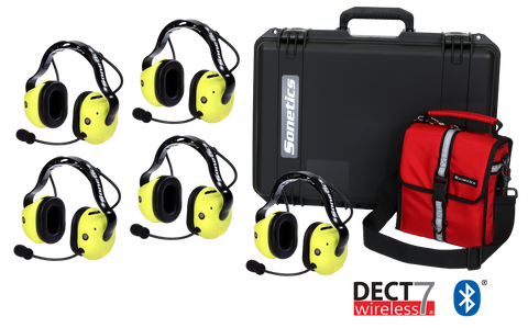 Sonetics 5-user portable wireless system with Apex headsets, ComHub and charging case