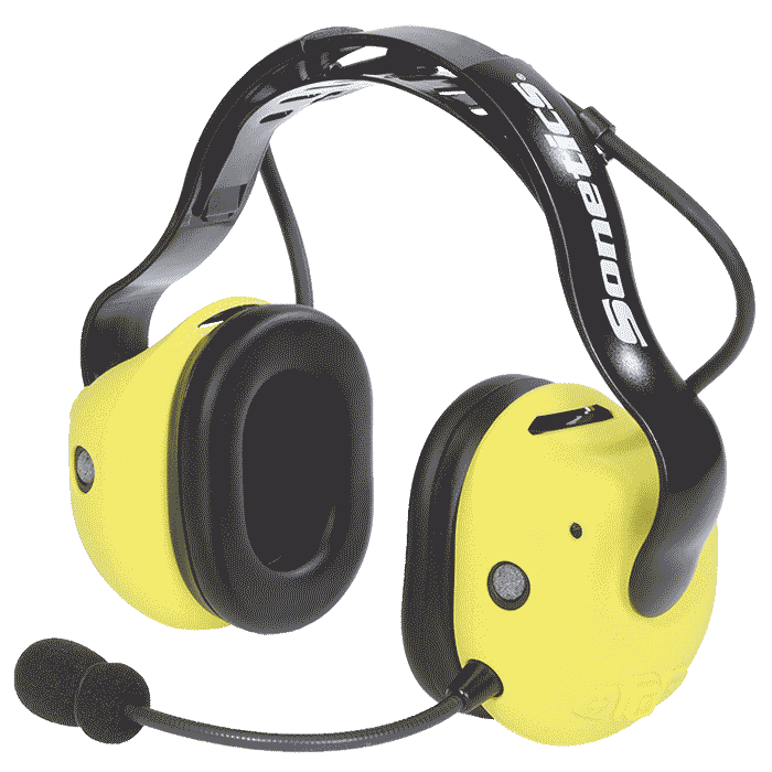 Sonetics Apex 3-Series DECT7 wireless headset in overhead configuration