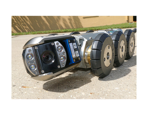 CUES OZIII-S pan tilt zoom camera on a wheeled crawler, front three-quarter view