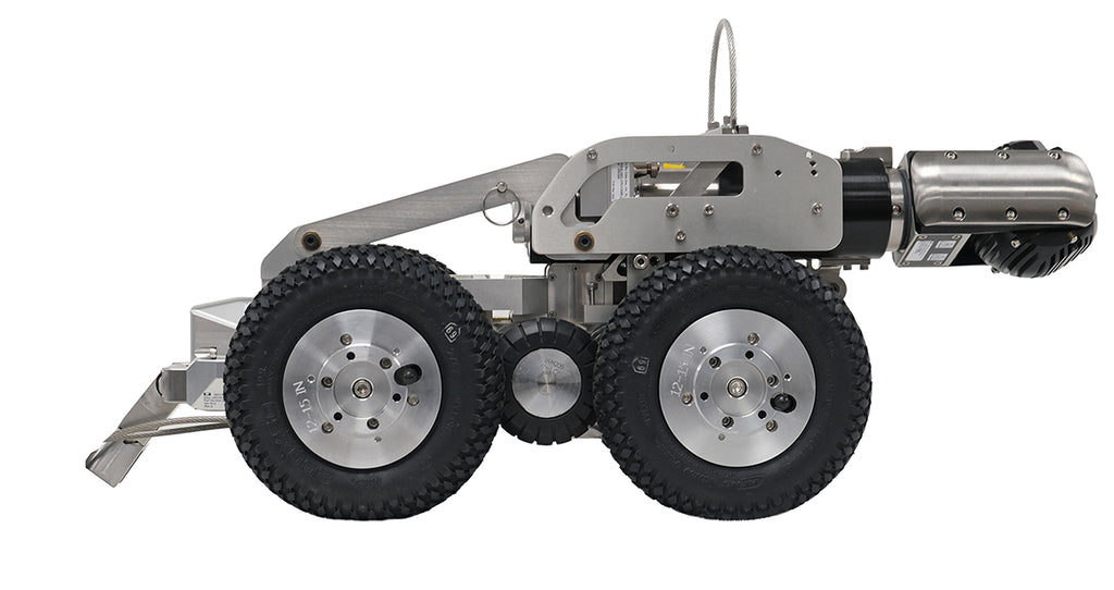 CUES Compact Pipe Ranger (CPR) transporter with camera lift lowered, side view on white
