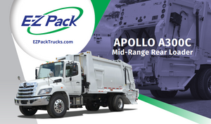 E-Z Pack Apollo A300C rear loader, front three quarter view, driver side, with a rear view behind