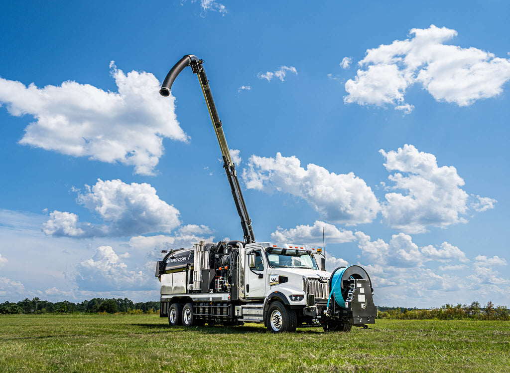 Vac-Con single engine combination sewer cleaner with PD blower, boom extended