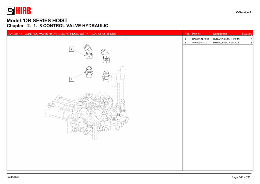 AA1084-14 - CONTROL VALVE HYDRAULIC FITTINGS, WET KIT, DA, 12-12, 45 DEG - OR75194T121 – PG 141