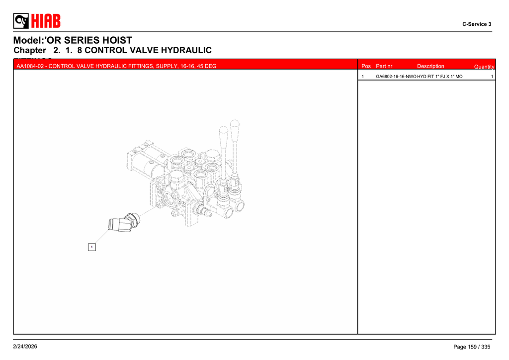 AA1084-02 - CONTROL VALVE HYDRAULIC FITTINGS, SUPPLY, 16-16, 45 DEG - OR75194T121 – PG 159