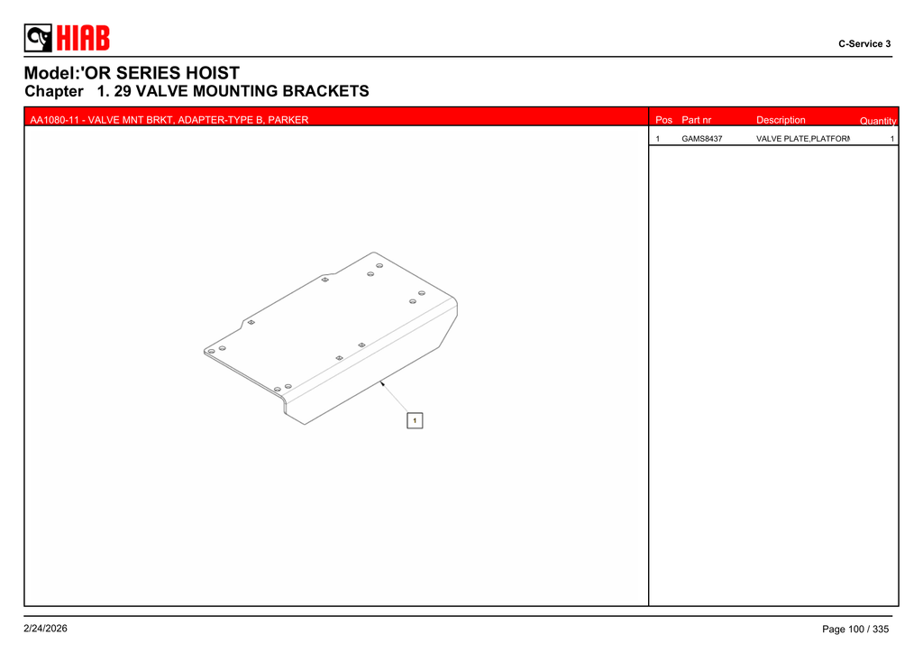 AA1080-11 - VALVE MNT BRKT, ADAPTER-TYPE B, PARKER - OR75174T121 – PG 100