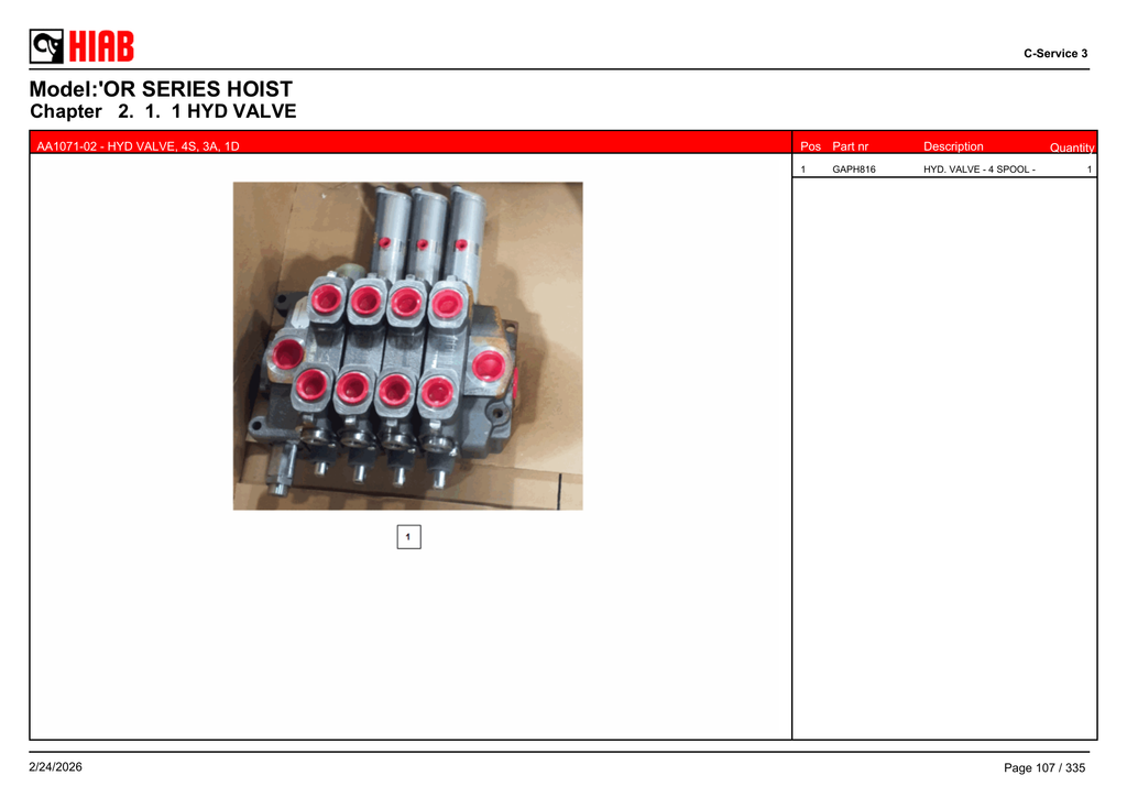 AA1071-02 - HYD VALVE, 4S, 3A, 1D - OR75174T121 – PG 107