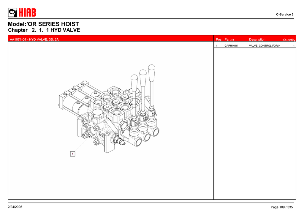 AA1071-04 - HYD VALVE, 3S, 3A - OR75194T121 – PG 109