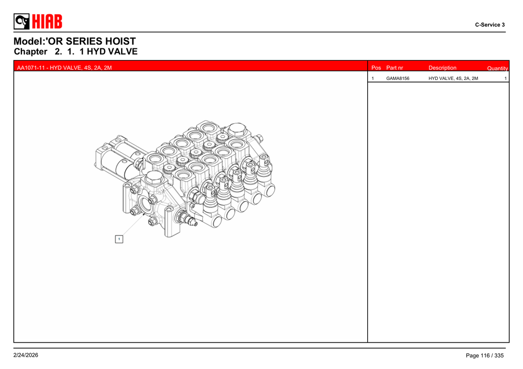 AA1071-11 - HYD VALVE, 4S, 2A, 2M - OR75174T121 – PG 116