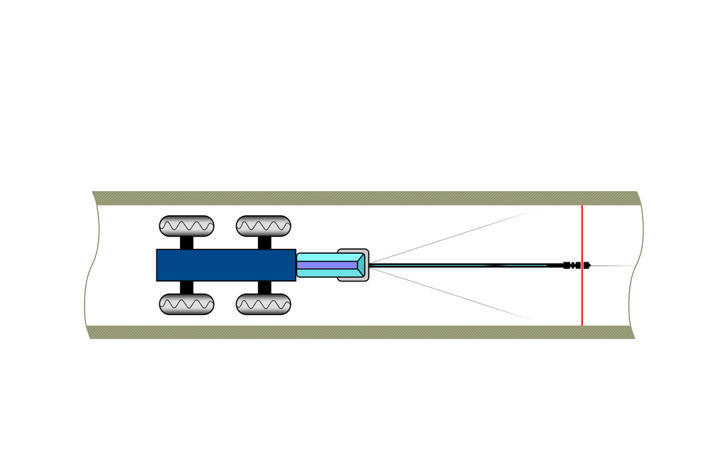 Drawing of a CUES LASER Profiler on a crawler, projecting a ring of laser light inside a pipe