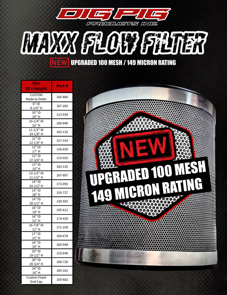 Dig Pig Flow Maxx filter size chart with part numbers, 100 mesh / 149 micron rating