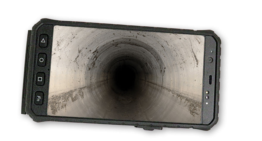 CUESrecon pole camera display showing a pipe interior