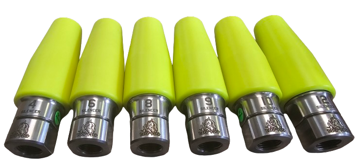 Dig Pig Silencer nozzles lined up, Hi-Vis yellow covers and stainless steel inlets