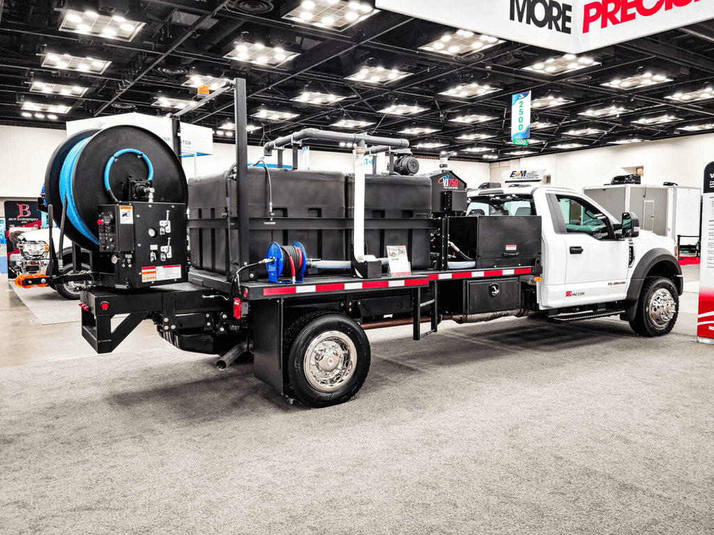 Vac-Con VJT750 jetter truck with rear hose reel and twin water tanks, rear three-quarter view