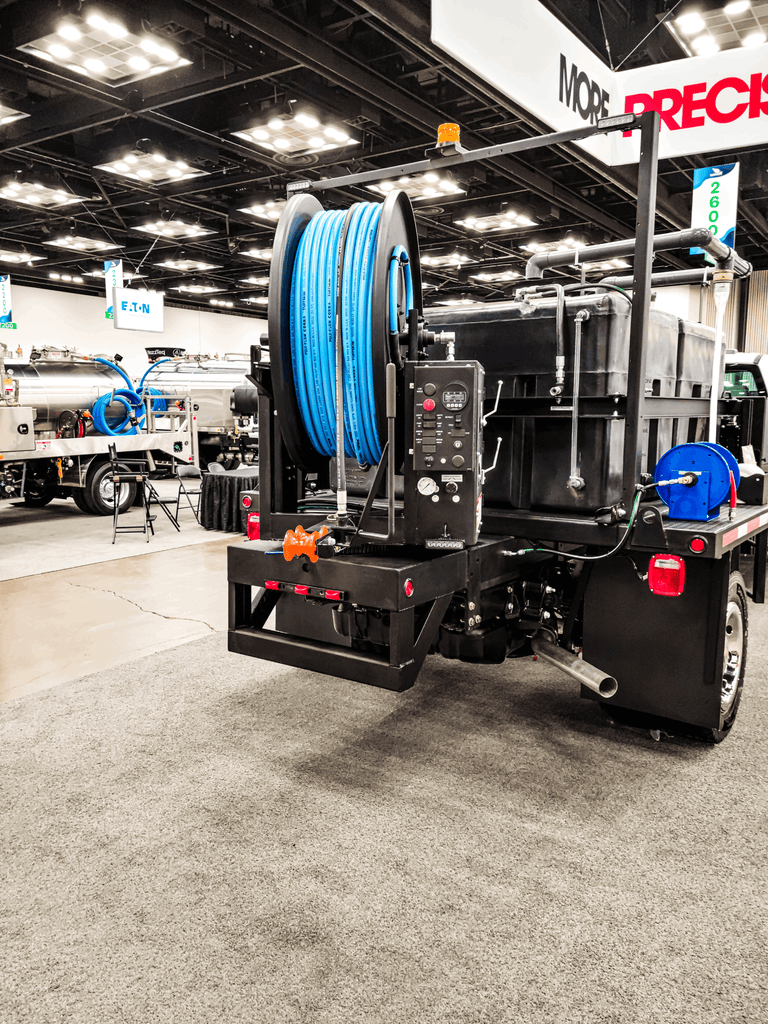 Vac-Con VJT750 jetter truck, rear view of the hose reel and control panel
