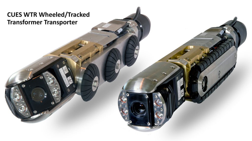 CUES WTR wheeled and tracked transporters, each carrying an inspection camera