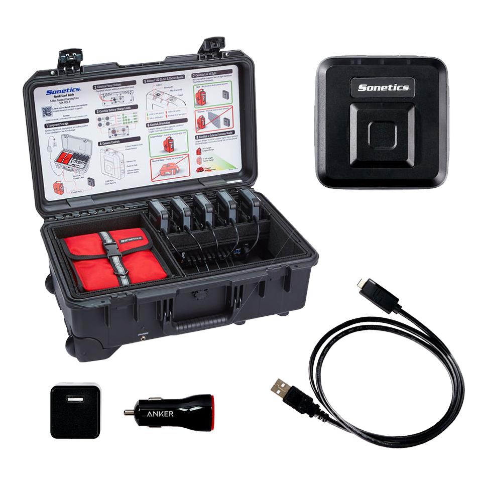 Sonetics Apex Connect charging case with Connect devices on the USB charge hub (devices sold separately)