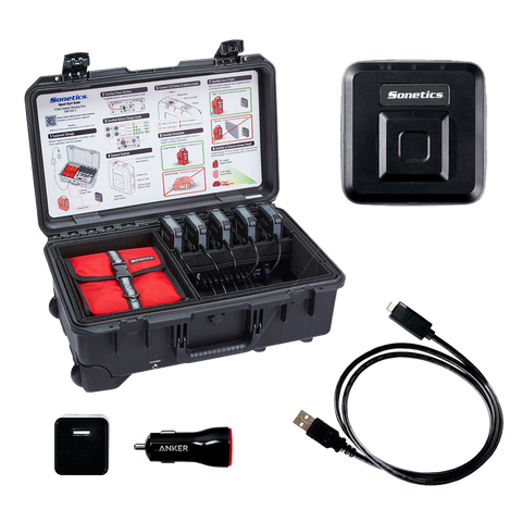 Sonetics Apex Connect system charging case with Connect devices on the USB charge hub