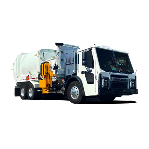 White side loader refuse truck with a yellow automated arm
