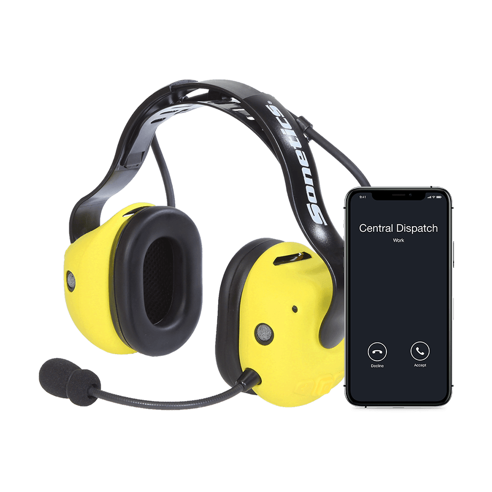 Sonetics Apex headset shown with a Bluetooth-paired mobile phone (phone not included)