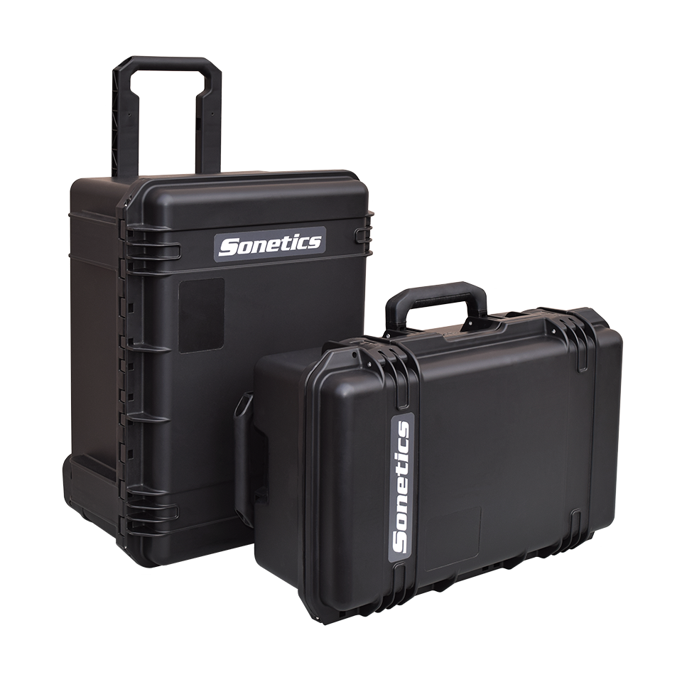 Sonetics 3-user and 5-user charging cases closed, with pull and carry handles