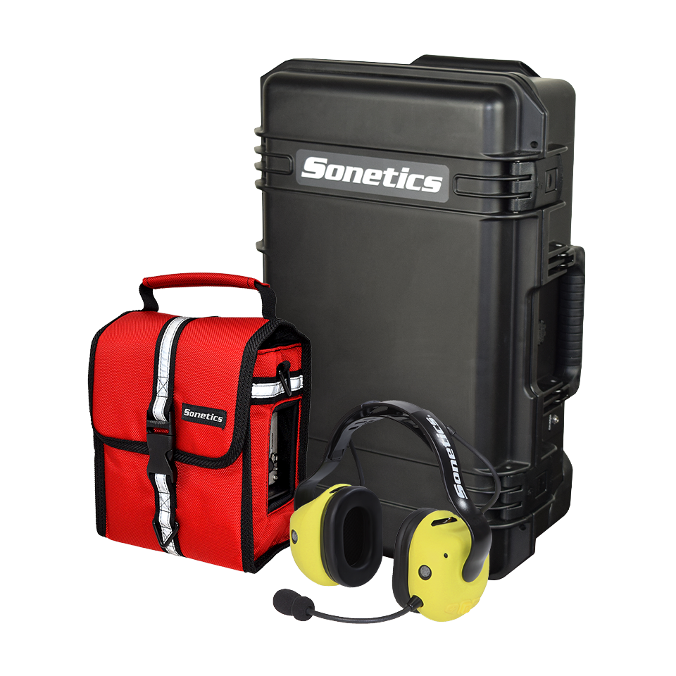 Sonetics Apex wireless headset, portable ComHub and 3-user charging case