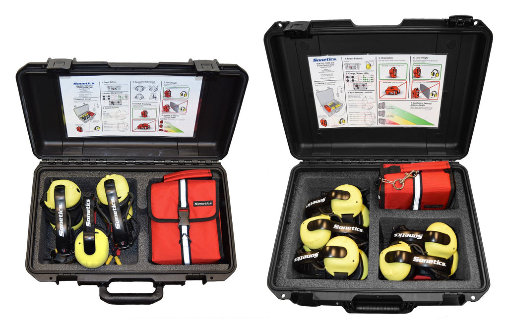 Sonetics 3-user and 5-user system cases open with headsets and ComHub