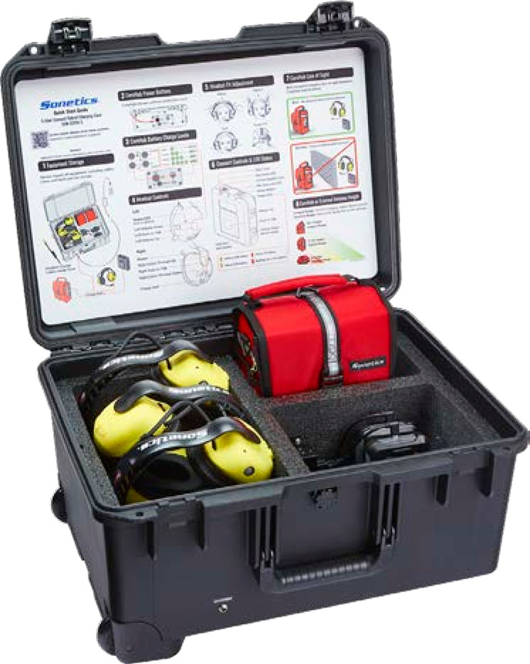 Sonetics hybrid 5-user system charging case with three Sonetics wireless headsets, ComHub bag and Apex Connect devices