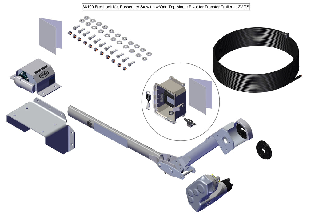 IILLUSTRATIVE IMAGE OF RITE-LOCK POWER ARM KIT, PASSENGER STOWING w/ONE TOP MOUNT PIVOT FOR END DUMP TRAILER - 12V TS