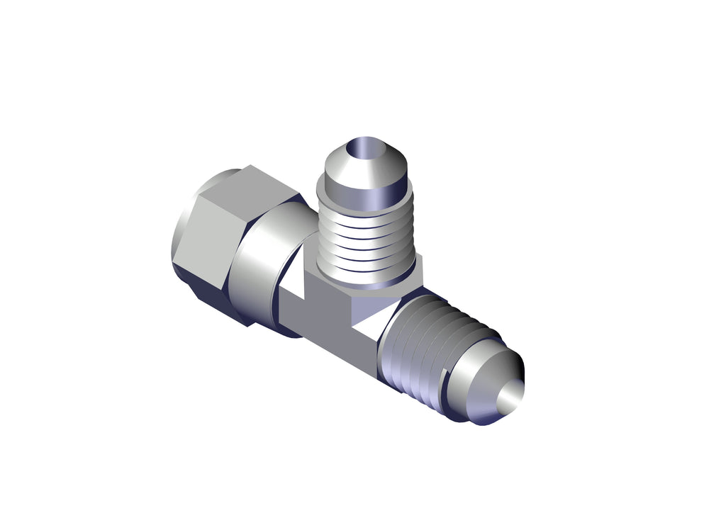 IILLUSTRATIVE IMAGE OF ADAPTER, TEE #4 MALE TUBE TO #4 FEMALE SWIVEL TO #4 MALE TUBE